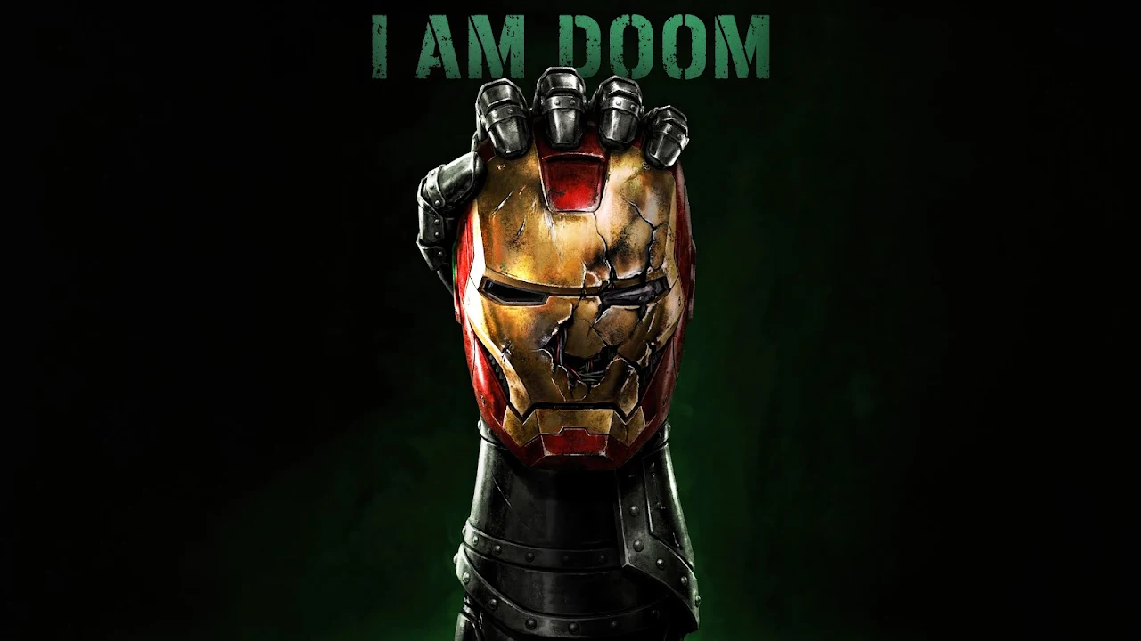 Armored metal fist holding a cracked Iron Man helmet with green text reading I AM DOOM on a black background.