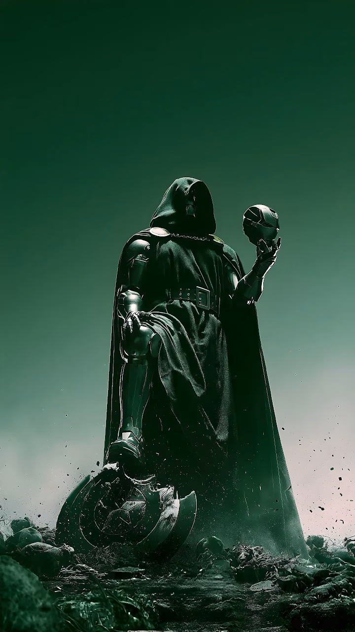 Doctor Doom in a green hooded cape holding Iron Man's helmet and stepping on a broken shield.