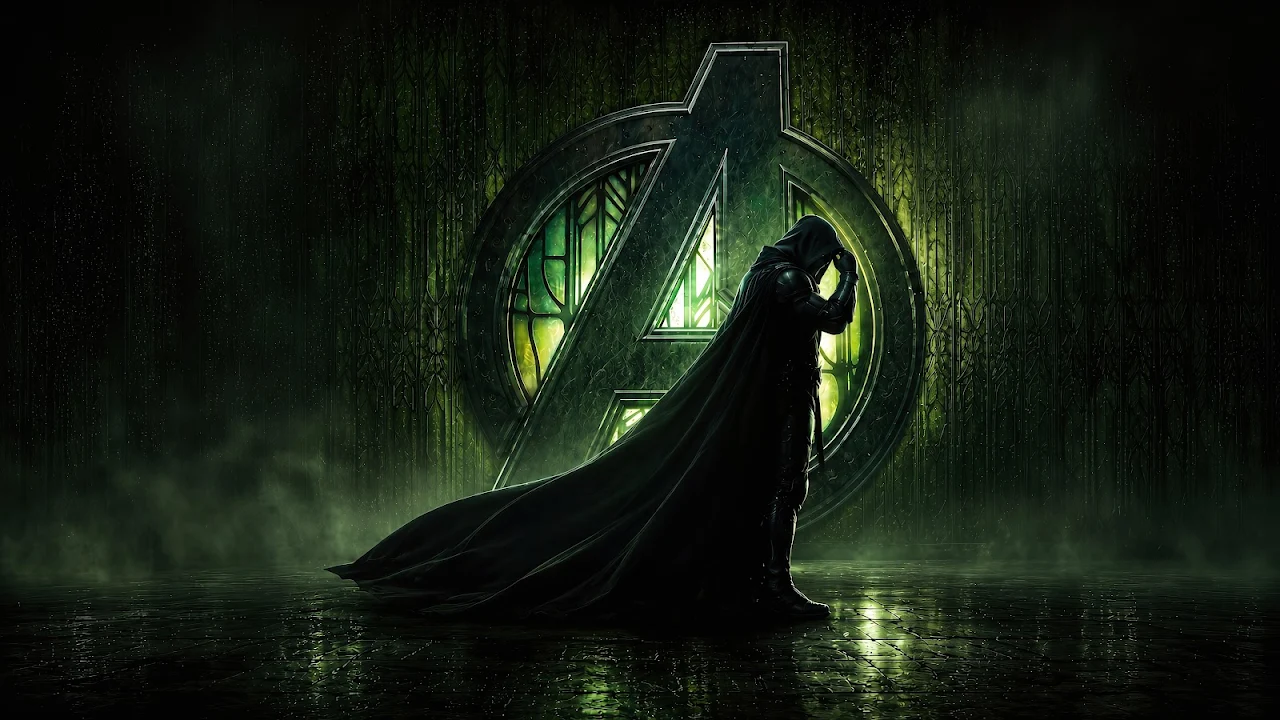 Hooded figure of Doctor Doom standing in side profile before a backlit green Avengers insignia on a dark textured floor.