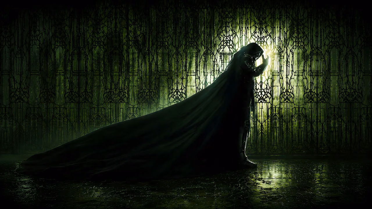 Doctor Doom in profile wearing a long trailing cloak in front of a glowing green ornate wall.