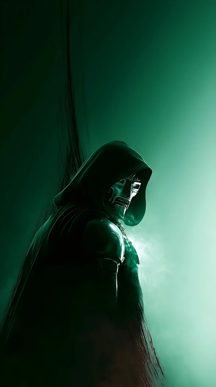 Download Doctor Doom Green Shadow Portrait HD Wallpaper in Mobile HD Doctor Doom wearing a metal face plate and dark green hooded cloak against a green fog background.