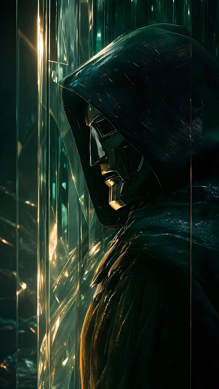 Download Doctor Doom Hooded Mask Portrait 4K Wallpaper in Mobile HD Side profile of Doctor Doom wearing a metallic face mask and dark green hooded cloak with emerald lighting.