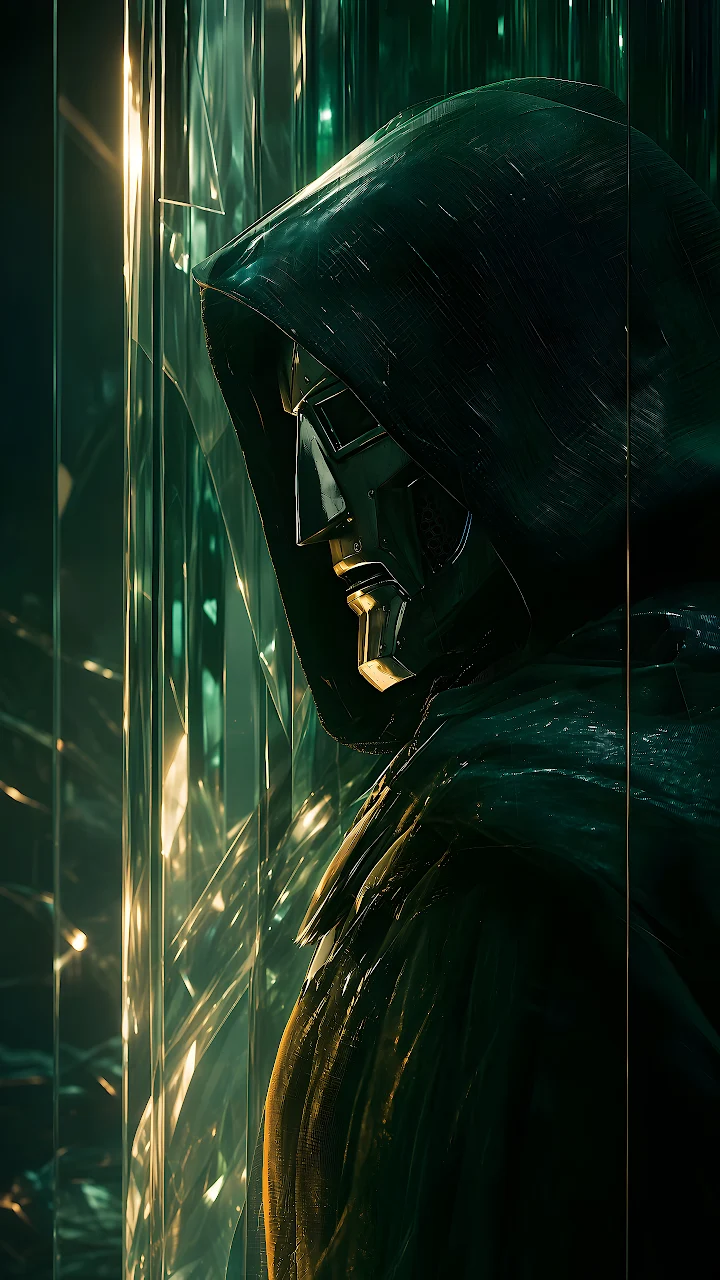 Download Doctor Doom Hooded Mask Portrait 4K Wallpaper in Mobile HD Side profile of Doctor Doom wearing a metallic face mask and dark green hooded cloak with emerald lighting.