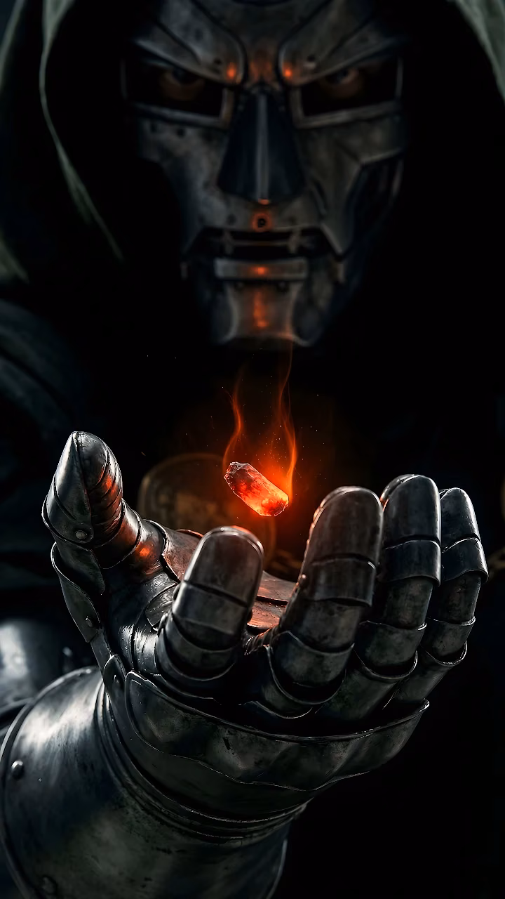Download Doctor Doom Glowing Reality Stone 4K Wallpaper in Mobile HD Close-up of Doctor Doom holding a fiery red glowing crystal floating above his armored metal gauntlet.