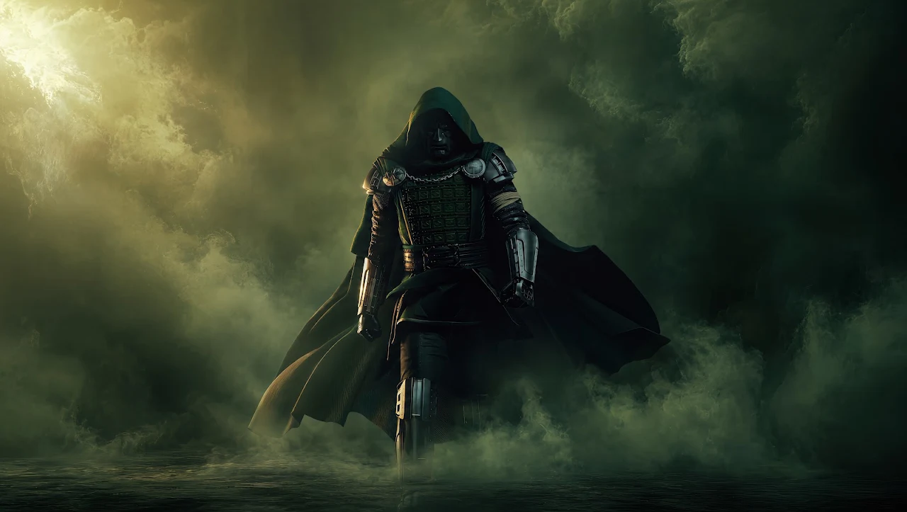 Download Doctor Doom Green Cloak Mist 4K Wallpaper in 4K UHD Doctor Doom in a hooded green cloak and metal mask walking through dense fog illuminated by overhead sunlight.