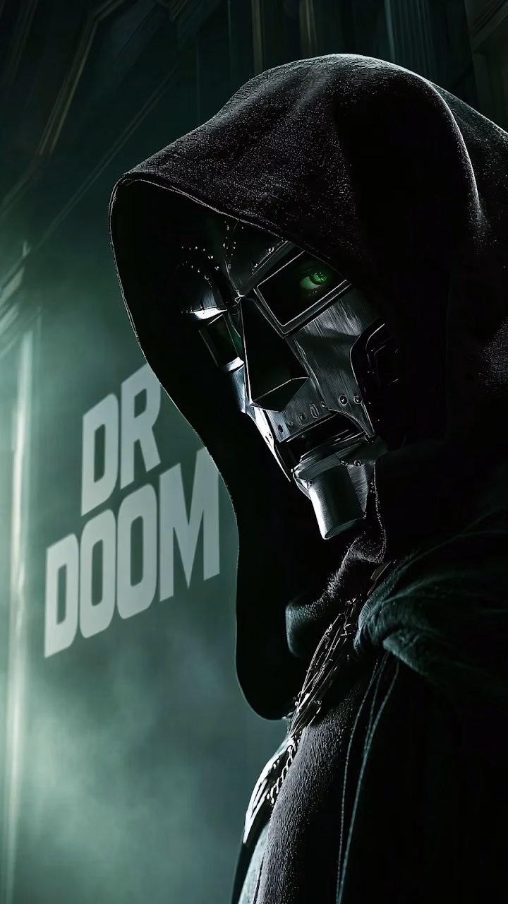 Doctor Doom side profile showing a metal mask, glowing green eye, and dark hood in green lighting.