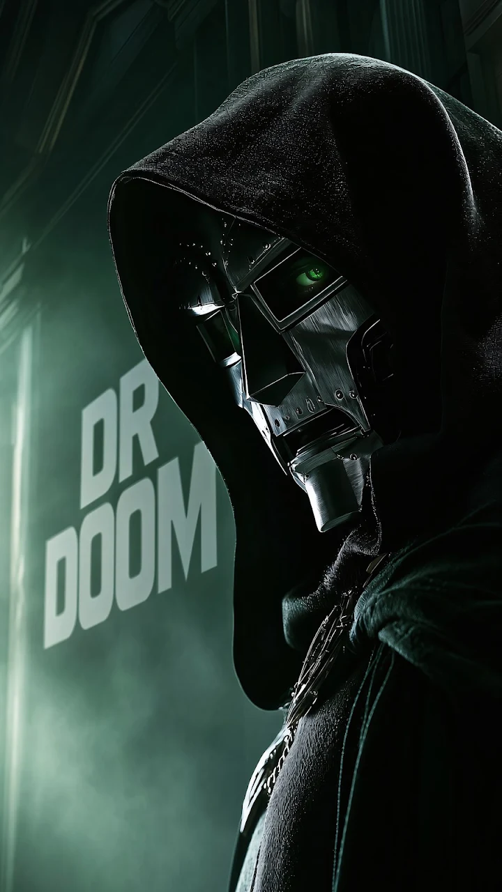 Download Doctor Doom Glowing Green Eye Portrait 4K Wallpaper in Mobile HD Doctor Doom side profile showing a metal mask, glowing green eye, and dark hood in green lighting.