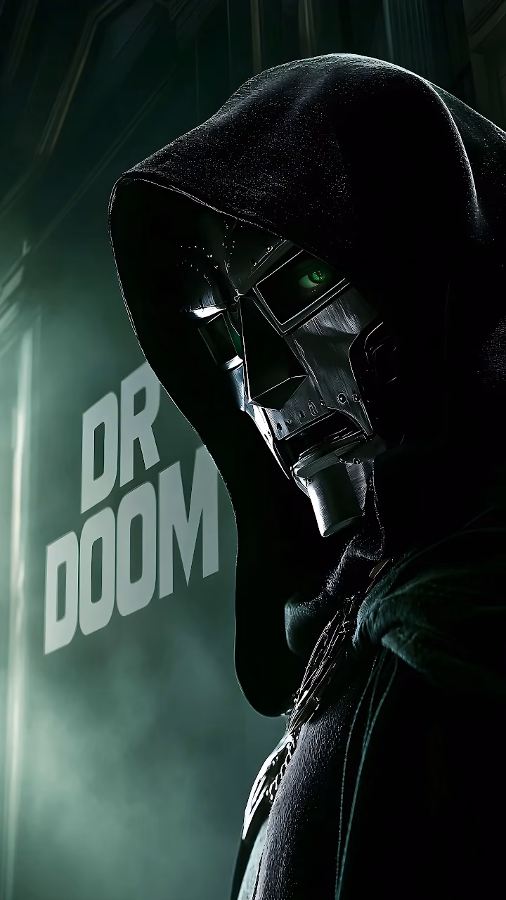 Download Doctor Doom Mask Green Mist 4K Wallpaper in Mobile HD Profile of Doctor Doom wearing a polished metal faceplate and dark green hood in moody green fog.
