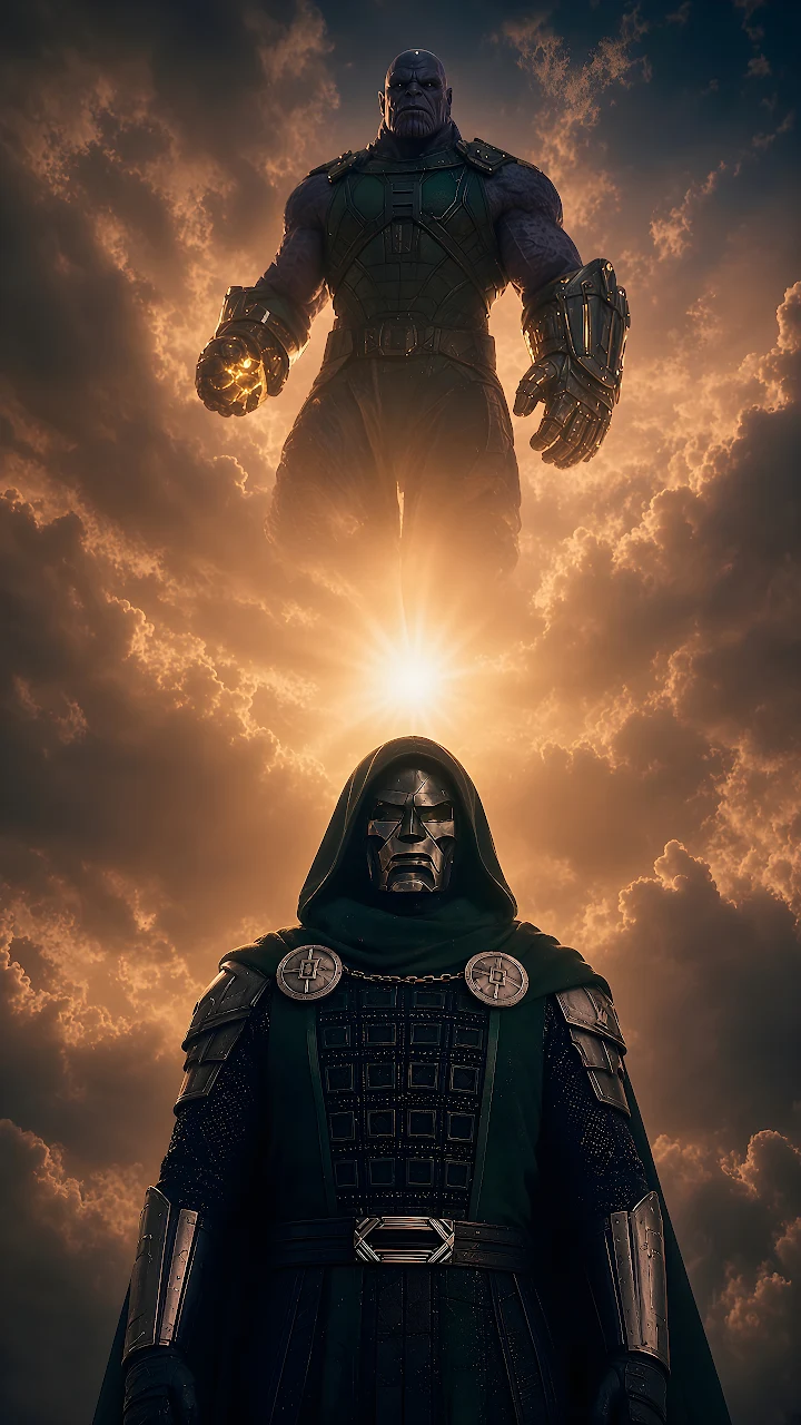Download Doctor Doom Thanos Sunset Sky 4K Wallpaper in Mobile HD Doctor Doom in green cape and metal mask standing below a massive Thanos under a glowing sunset sun.