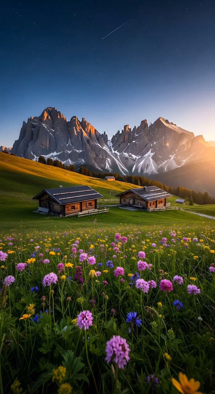 Dolomite Alpine Meadow Wildflowers Mountain Chalets Sunset - Free Mobile AMOLED Wallpaper Background