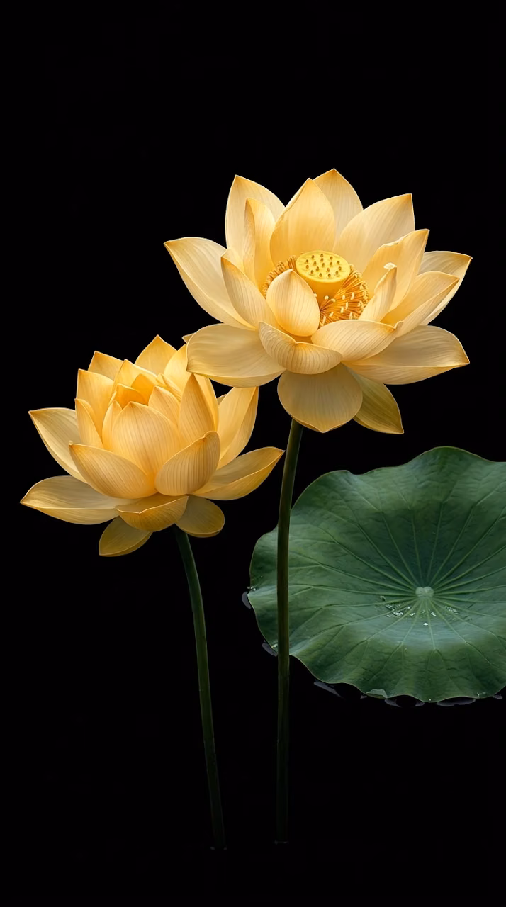 Double Golden Lotus Blossoms Emerging from Jet Black Shadow - Free Mobile AMOLED Wallpaper Background