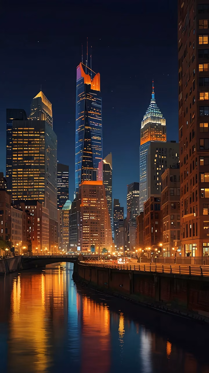 Download Downtown City Skyline Reflected in Dark River at Night Wallpaper in Mobile HD Downtown City Skyline Reflected in Dark River at Night - Free Mobile AMOLED Wallpaper Background
