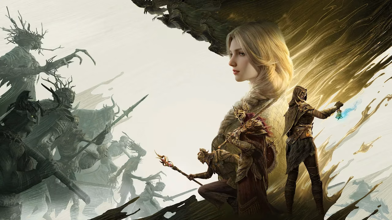 Download Dragons Dogma 2 Arisen Fantasy Battle 4K Wallpaper in 4K UHD Fantasy illustration of armored warriors and a blonde woman facing a shadowy advancing horde with golden energy ribbons.