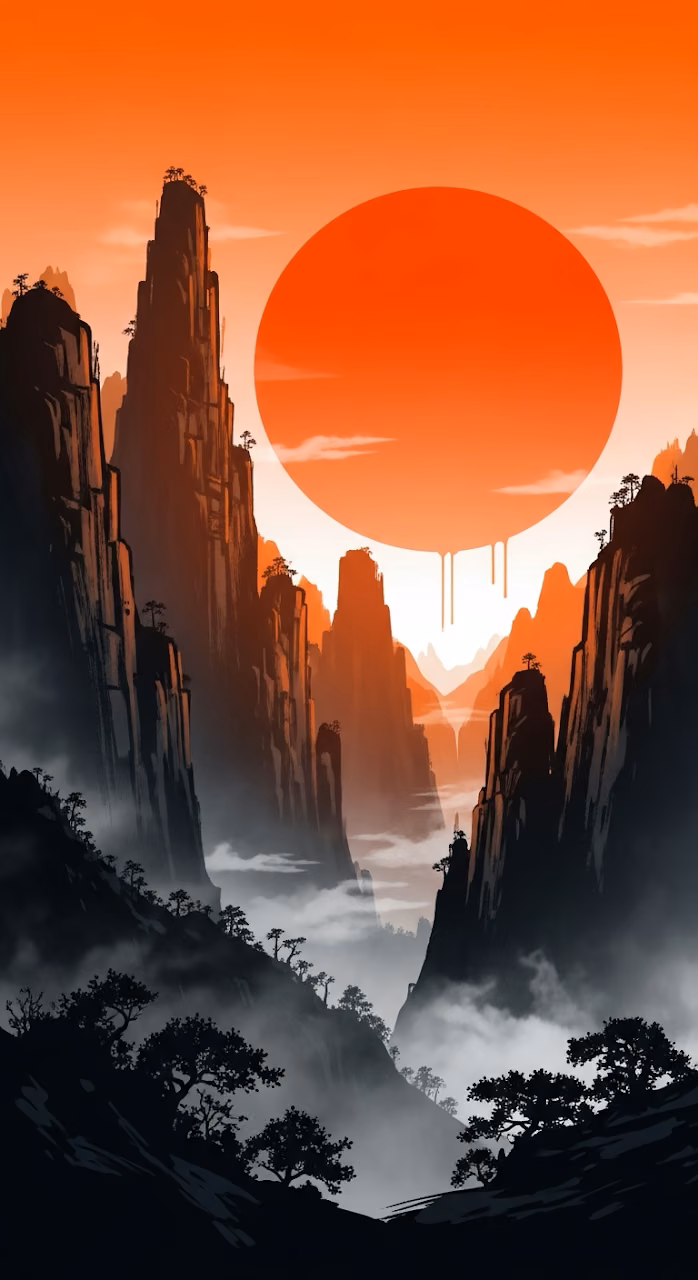 Dramatic Abstract Asian Landscape with Vertical Cliffs and Massive Orange Sun Art - Free Mobile AMOLED Wallpaper Background