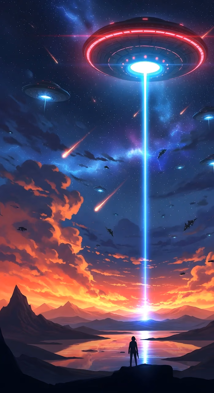 Dramatic Alien Invasion Scene at Sunset with UFO Beam - Free Mobile AMOLED Wallpaper Background