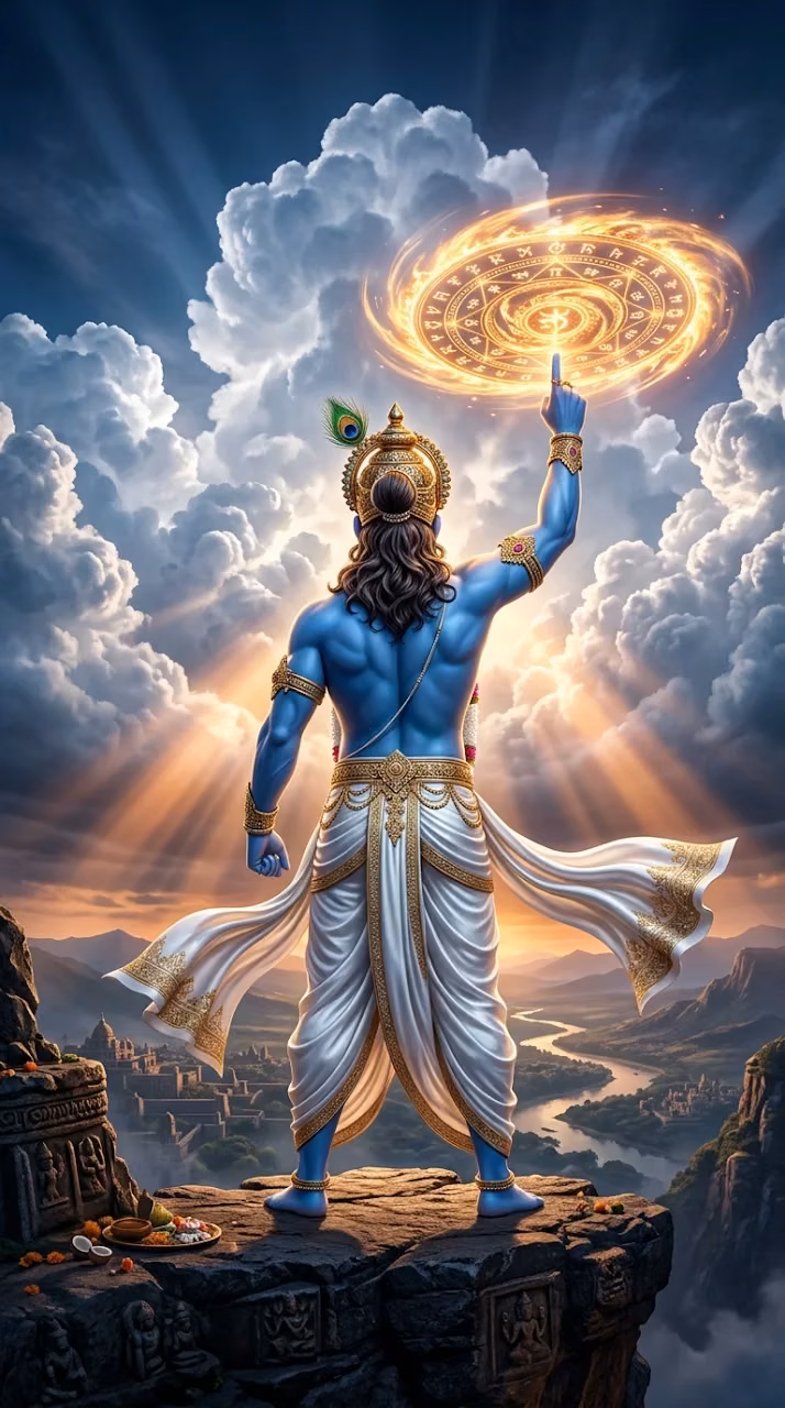 Dramatic Back View of Lord Krishna Holding a Golden Glowing Wheel - Free Mobile AMOLED Wallpaper Background