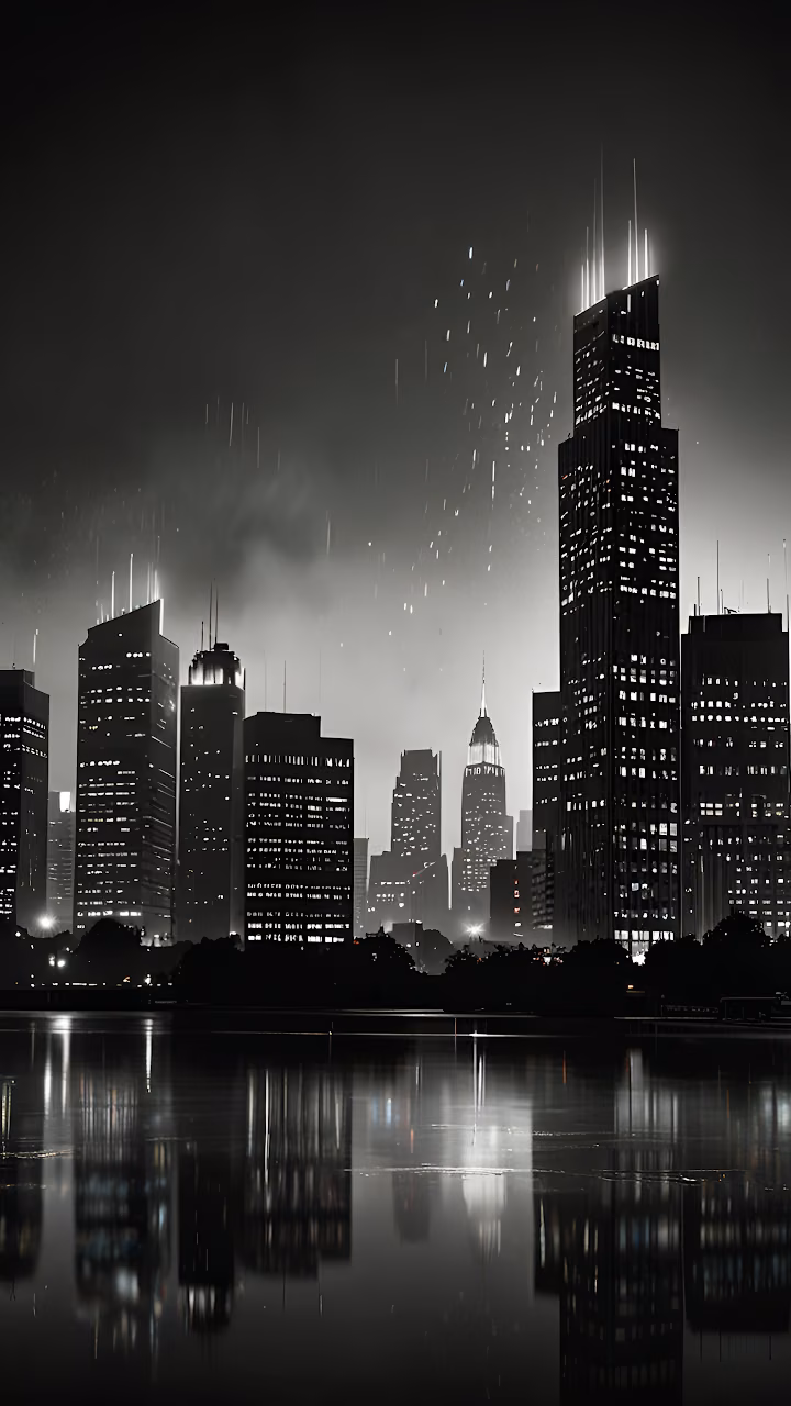 Download Dramatic Black White City Skyline Water Reflection Night Wallpaper in Mobile HD Dramatic Black White City Skyline Water Reflection Night - Free Mobile AMOLED Wallpaper Background
