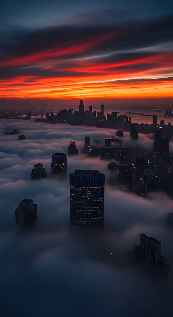 Dramatic City Skyline Sunset Above Fog Red Sky Aerial View - Free Mobile AMOLED Wallpaper Background