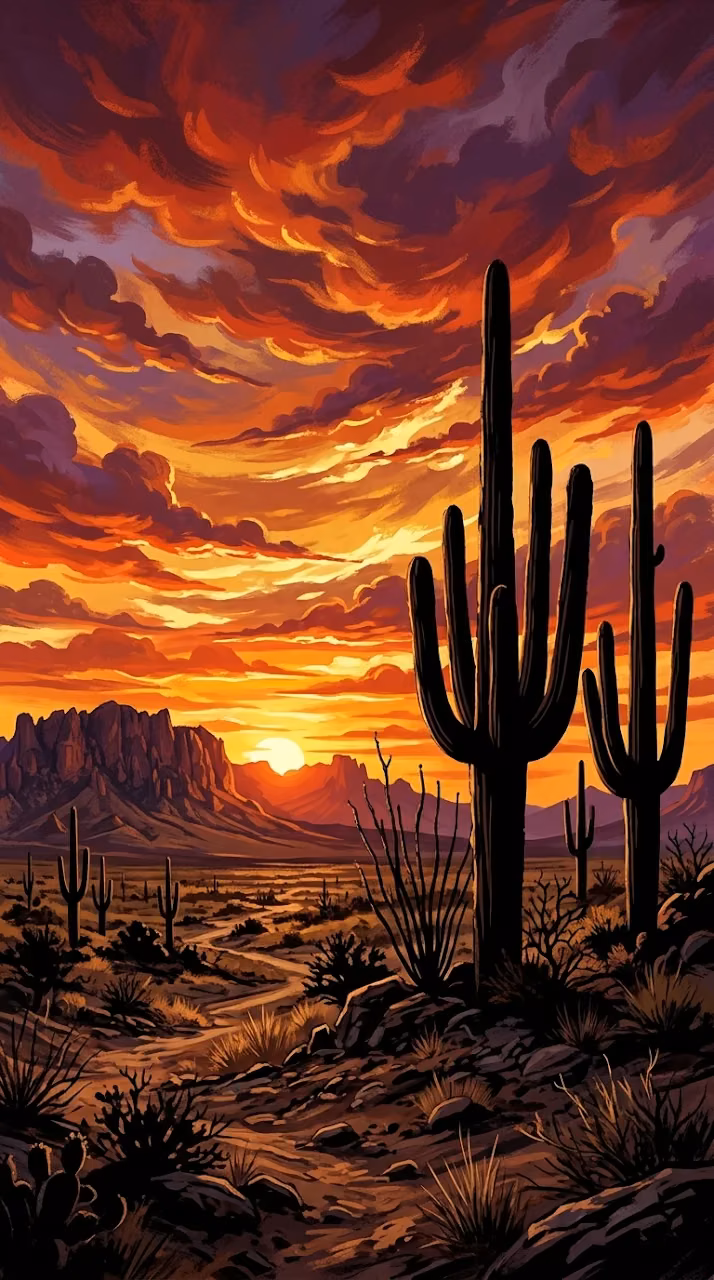 Download Dramatic Desert Sunset Landscape with Cacti Silhouettes Wallpaper in Mobile HD Dramatic Desert Sunset Landscape with Cacti Silhouettes - Free Mobile AMOLED Wallpaper Background