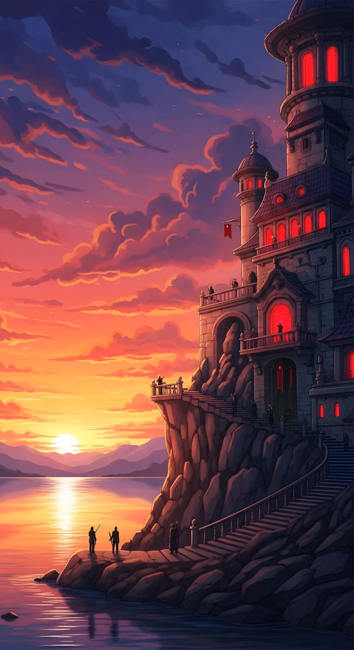 Download Dramatic Fantasy Castle on Cliffside at Fiery Sunset Wallpaper in Mobile HD Dramatic Fantasy Castle on Cliffside at Fiery Sunset - Free Mobile AMOLED Wallpaper Background