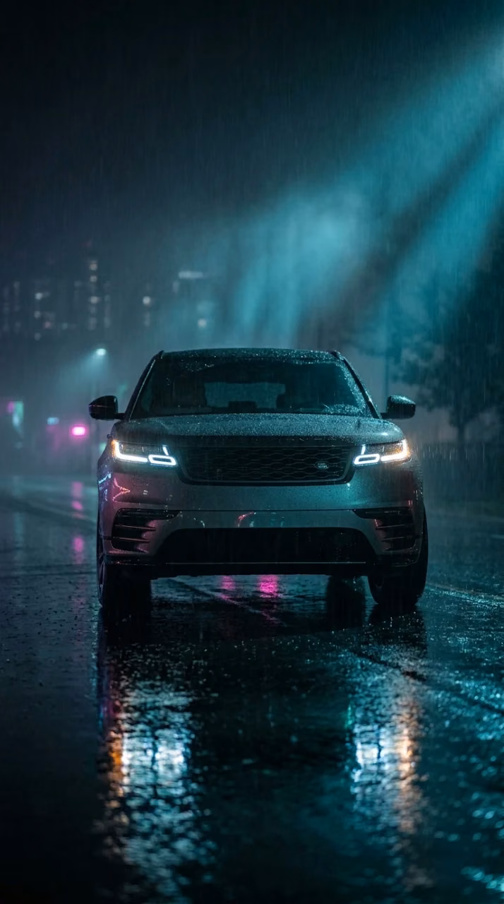 Dramatic Front View of a Luxury SUV in a Rainy, Foggy Night Environment - Free Mobile AMOLED Wallpaper Background