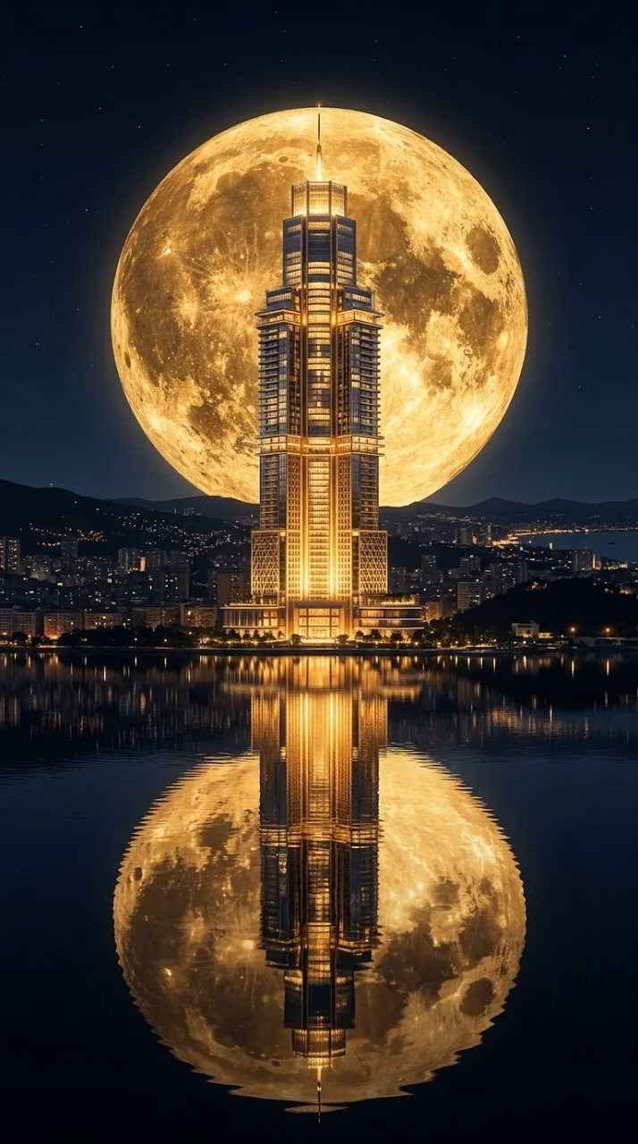 Dramatic Golden City Skyscraper and Giant Eclipse Moon Reflection - Free Mobile AMOLED Wallpaper Background
