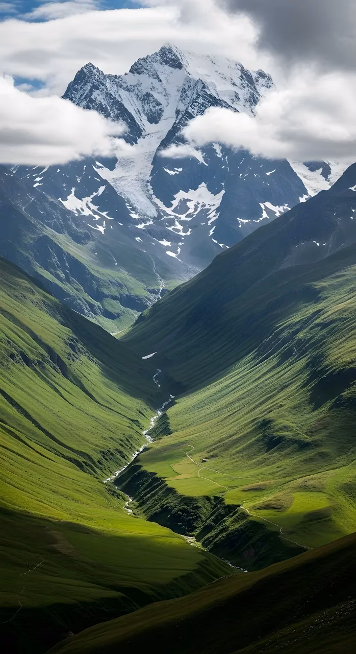 Dramatic Green Mountain Valley Below Snow Covered Peak - Free Mobile AMOLED Wallpaper Background