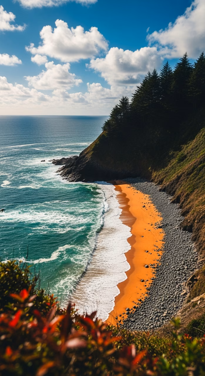 Download Dramatic High-Angle View of Secluded Coastal Cove with Orange Sand and Turquoise Water Wallpaper in Mobile HD Dramatic High-Angle View of Secluded Coastal Cove with Orange Sand and Turquoise Water - Free Mobile AMOLED Wallpaper Background