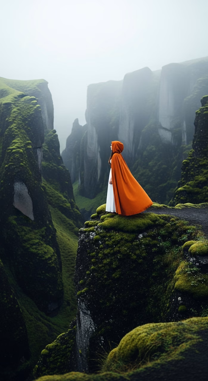 Dramatic High-Angle View of a Woman in an Orange Cloak on a Cliff Edge Overlooking a Mossy Canyon in the Mist - Free Mobile AMOLED Wallpaper Background