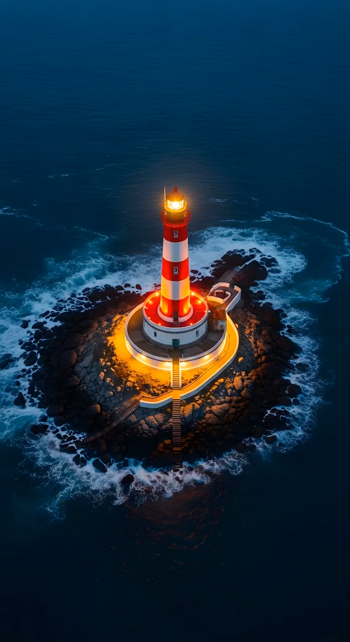 Dramatic Lighthouse Beacon on Rocky Island at Night - Free Mobile AMOLED Wallpaper Background