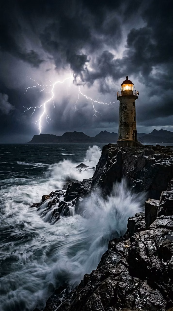 Dramatic Lighthouse on Coastal Cliff During Turbulent Night Storm - Free Mobile AMOLED Wallpaper Background