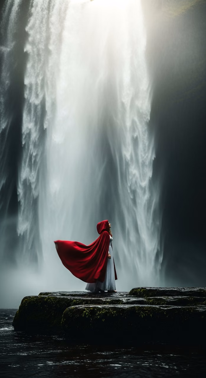 Dramatic Low-Key Cinematic Portrait of a Woman in a Billowing Red Cloak Below a Misty Waterfall - Free Mobile AMOLED Wallpaper Background