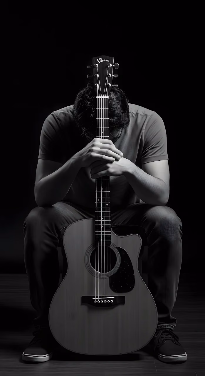 Download Dramatic Low Key Musician Portrait Acoustic Guitar Monochrome Art Wallpaper in Mobile HD Dramatic Low Key Musician Portrait Acoustic Guitar Monochrome Art - Free Mobile AMOLED Wallpaper Background