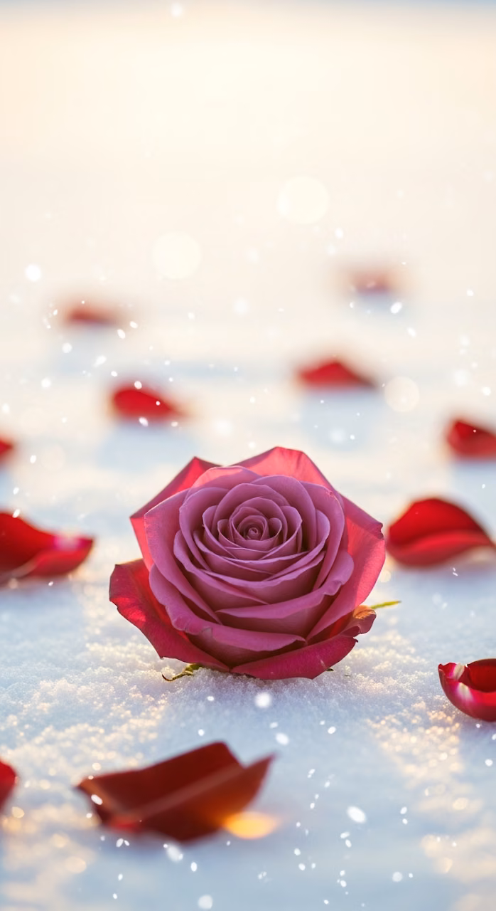 Dramatic Macro Shot of a Velvety Burgundy Rose Resting on White Snow - Free Mobile AMOLED Wallpaper Background