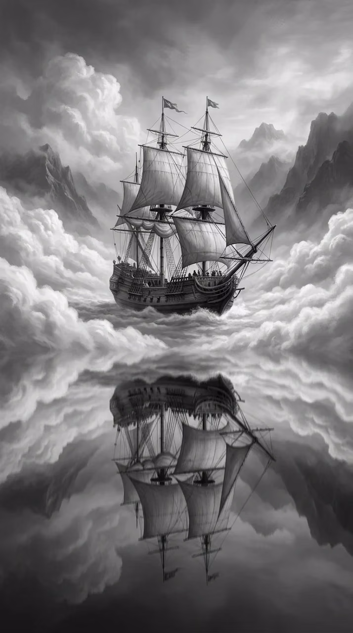Download Dramatic Monochrome Sailing Ship in Mirrored Clouds and Misty Water Wallpaper in Mobile HD Dramatic Monochrome Sailing Ship in Mirrored Clouds and Misty Water - Free Mobile AMOLED Wallpaper Background