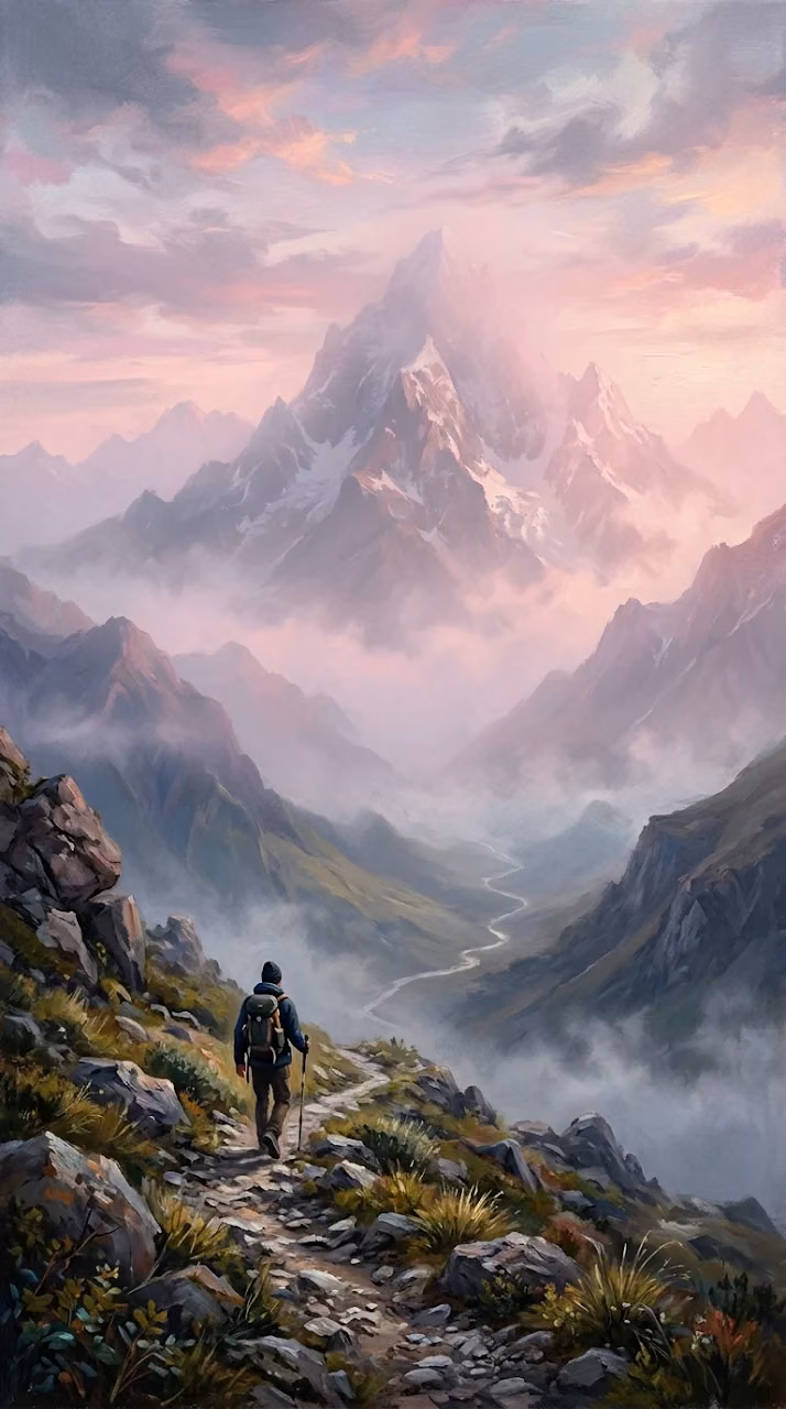 Download Dramatic Mountain Landscape with Lone Traveler at Dawn Wallpaper in Mobile HD Dramatic Mountain Landscape with Lone Traveler at Dawn - Free Mobile AMOLED Wallpaper Background