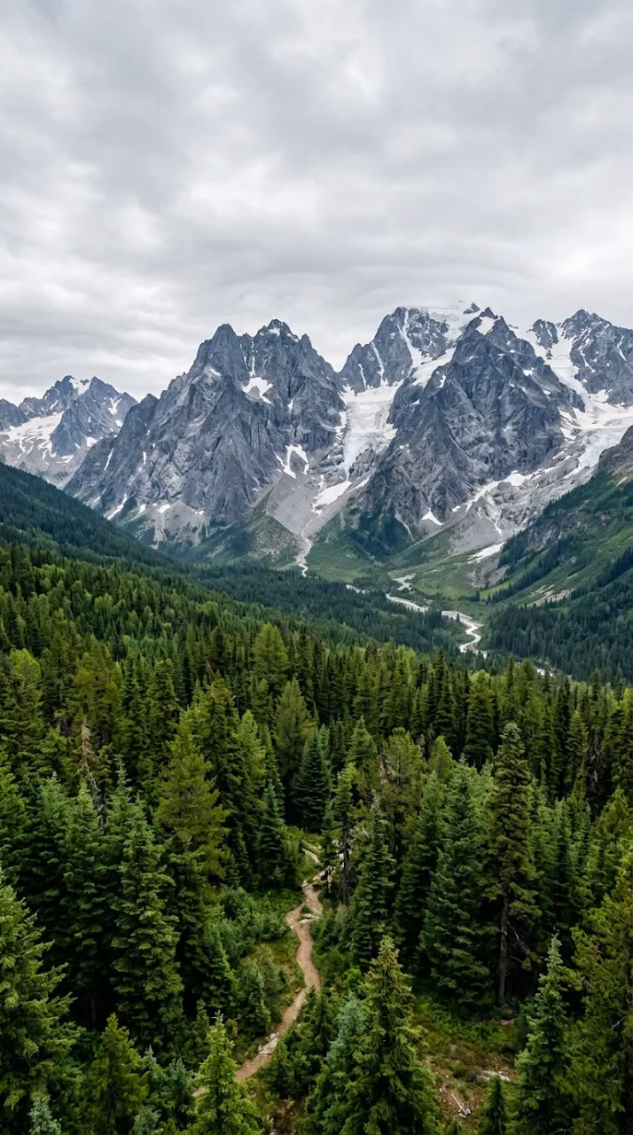 Dramatic Mountain Peaks Above a Lush Green Forest - Free Mobile AMOLED Wallpaper Background