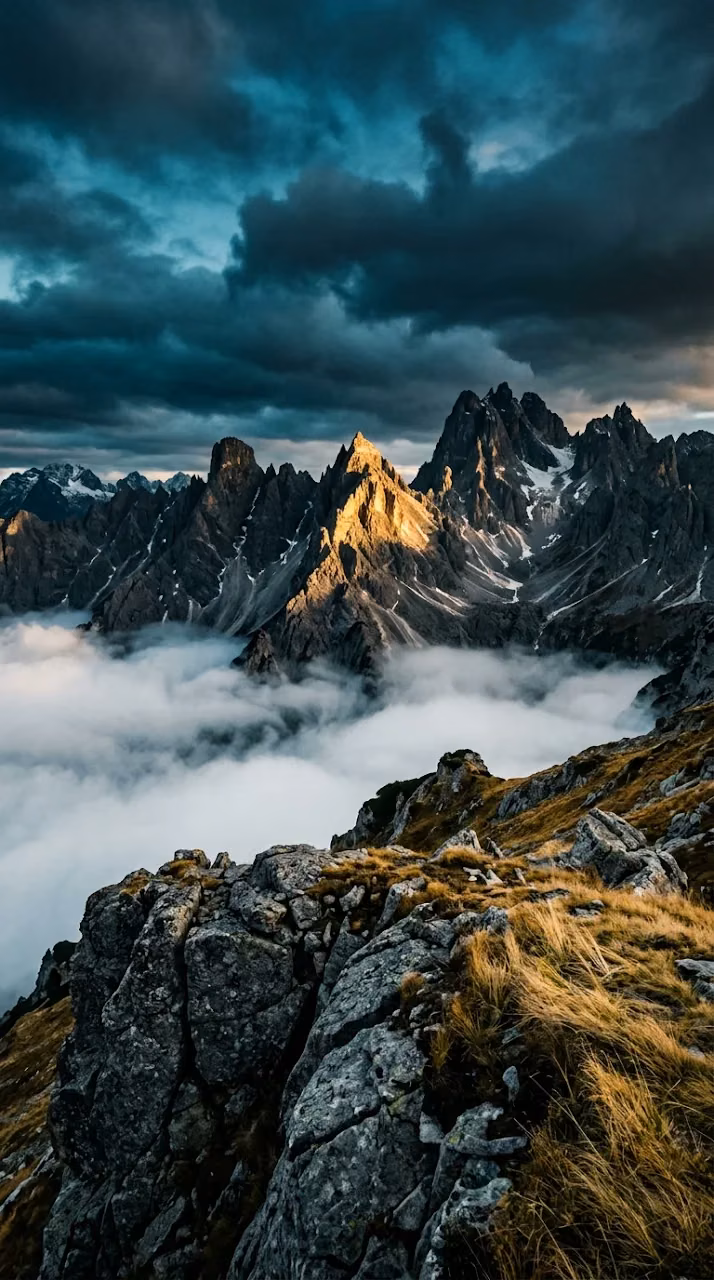 Download Dramatic Mountain Peaks with Golden Sunlight and Volumetric Clouds Wallpaper in Mobile HD Dramatic Mountain Peaks with Golden Sunlight and Volumetric Clouds - Free Mobile AMOLED Wallpaper Background