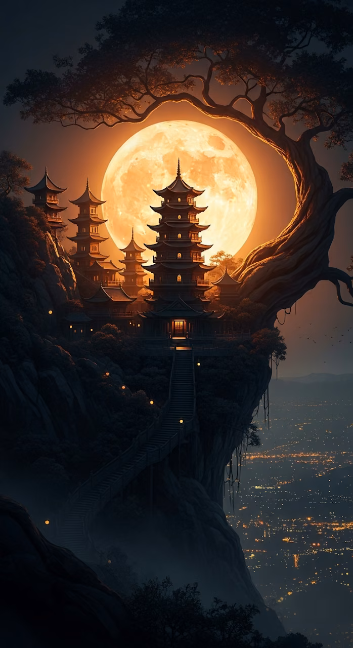 Dramatic Night Illustration of an Asian Pagoda Under a Full Moon and Illuminated Cityscape - Free Mobile AMOLED Wallpaper Background