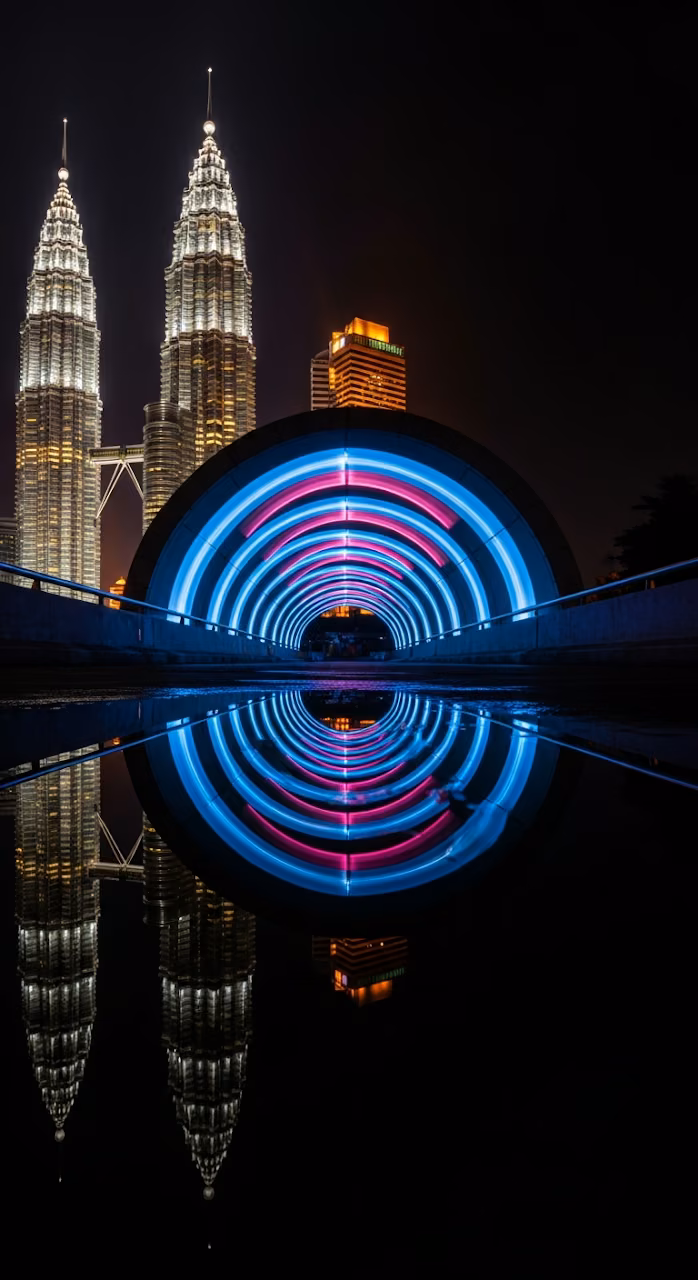Dramatic Night Reflection of Petronas Towers and Light-Painted Blue Tunnel in Wet Foreground - Free Mobile AMOLED Wallpaper Background