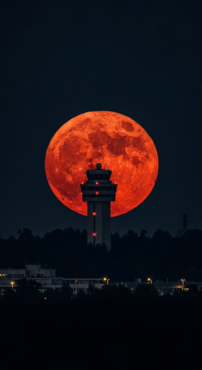 Download Dramatic Night View of a Control Tower Silhouetted Against a Giant Red Full Moon Wallpaper in Mobile HD Dramatic Night View of a Control Tower Silhouetted Against a Giant Red Full Moon - Free Mobile AMOLED Wallpaper Background