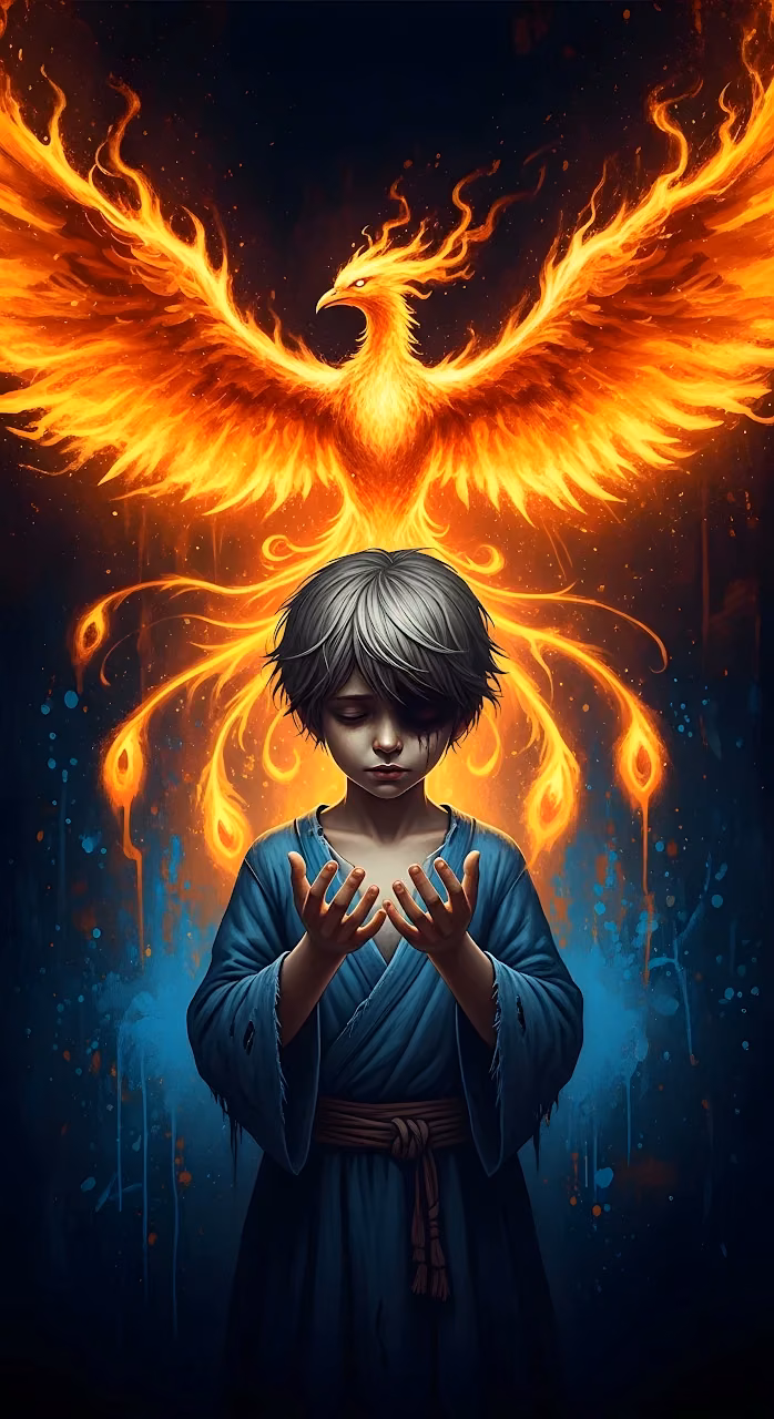 Dramatic Phoenix Bird and Young Boy Fantasy Scene - Free Mobile AMOLED Wallpaper Background