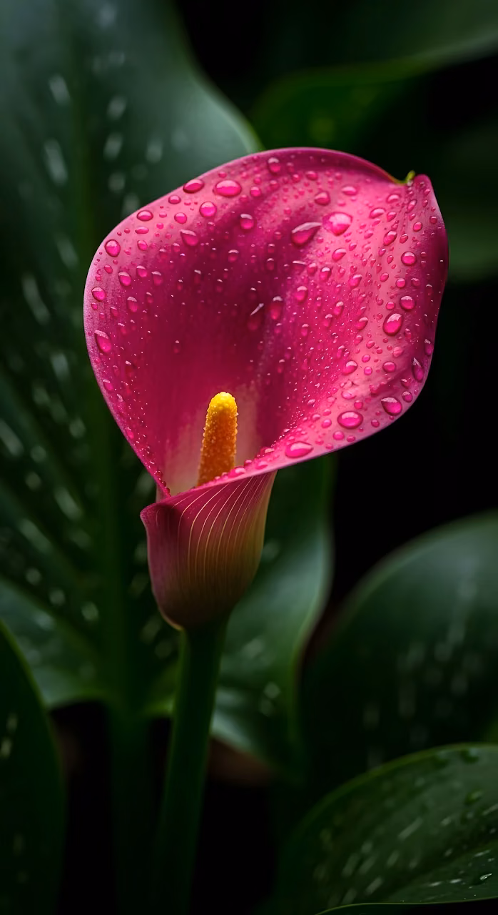 Download Dramatic Pink Calla Lily Flower Macro with Raindrops Wallpaper in Mobile HD Dramatic Pink Calla Lily Flower Macro with Raindrops - Free Mobile AMOLED Wallpaper Background