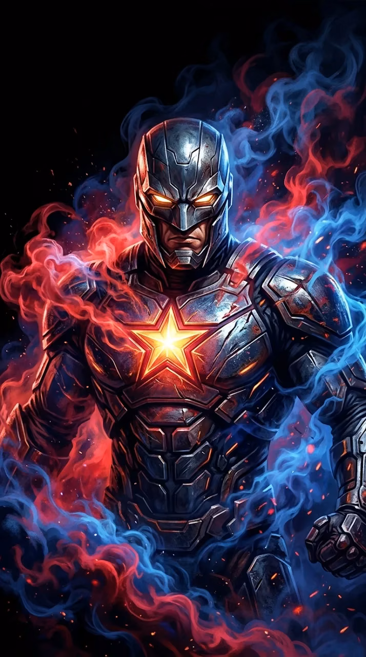 Dramatic Portrait of Captain America Emerging from Red and Blue Smoke - Free Mobile AMOLED Wallpaper Background