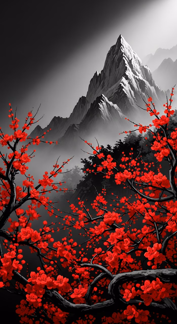 Dramatic Red Blossoms Against a Dark, Moody Snowy Mountain Landscape Illustration - Free Mobile AMOLED Wallpaper Background