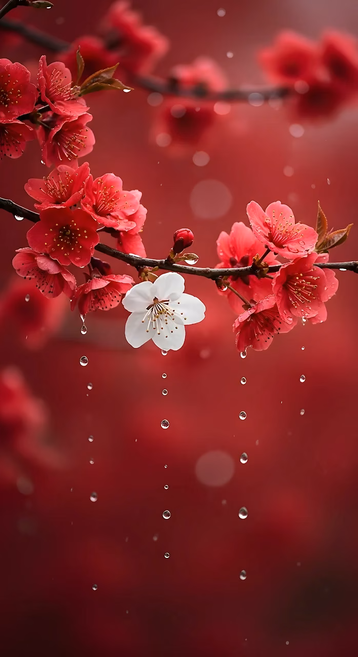 Download Dramatic Red Cherry Blossoms with Raindrops and White Flower Wallpaper in Mobile HD Dramatic Red Cherry Blossoms with Raindrops and White Flower - Free Mobile AMOLED Wallpaper Background