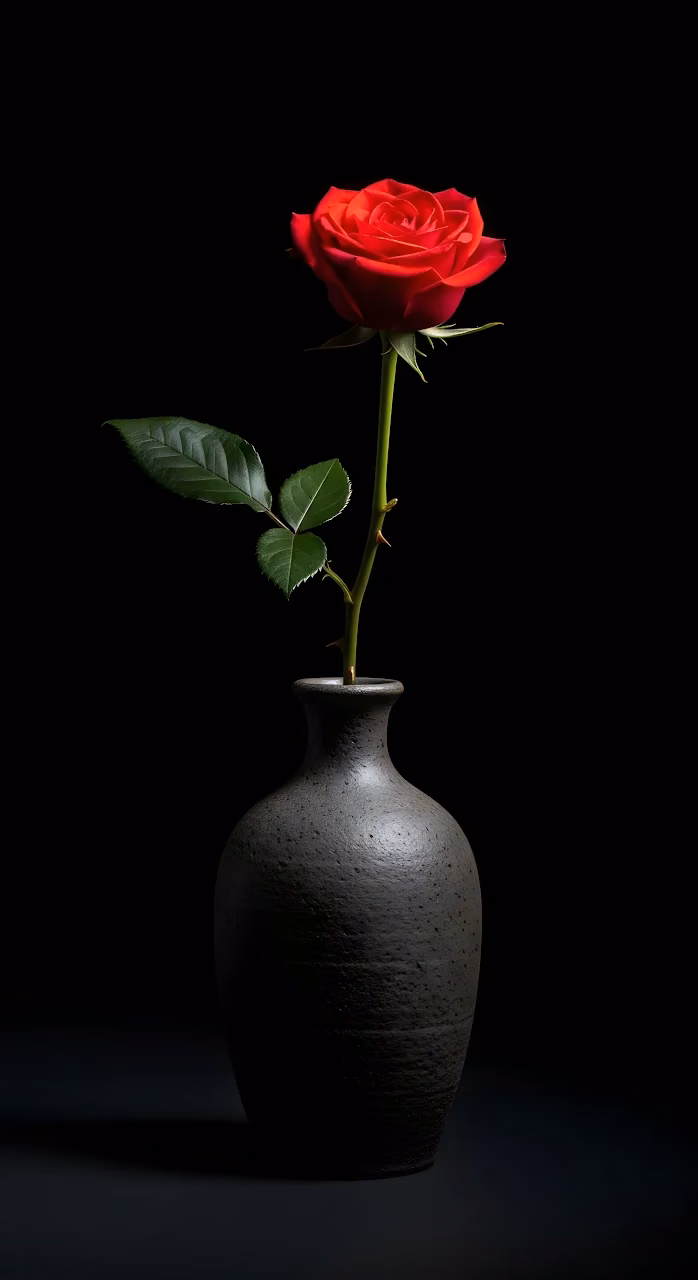 Dramatic Red Rose Still Life in Dark Ceramic Vase - Free Mobile AMOLED Wallpaper Background
