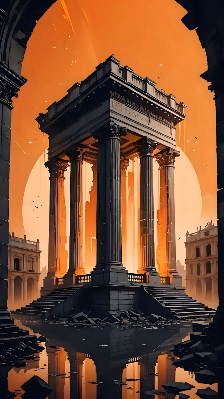 Dramatic Roman Ruins against Orange Sunset Silhouette - Free Mobile AMOLED Wallpaper Background