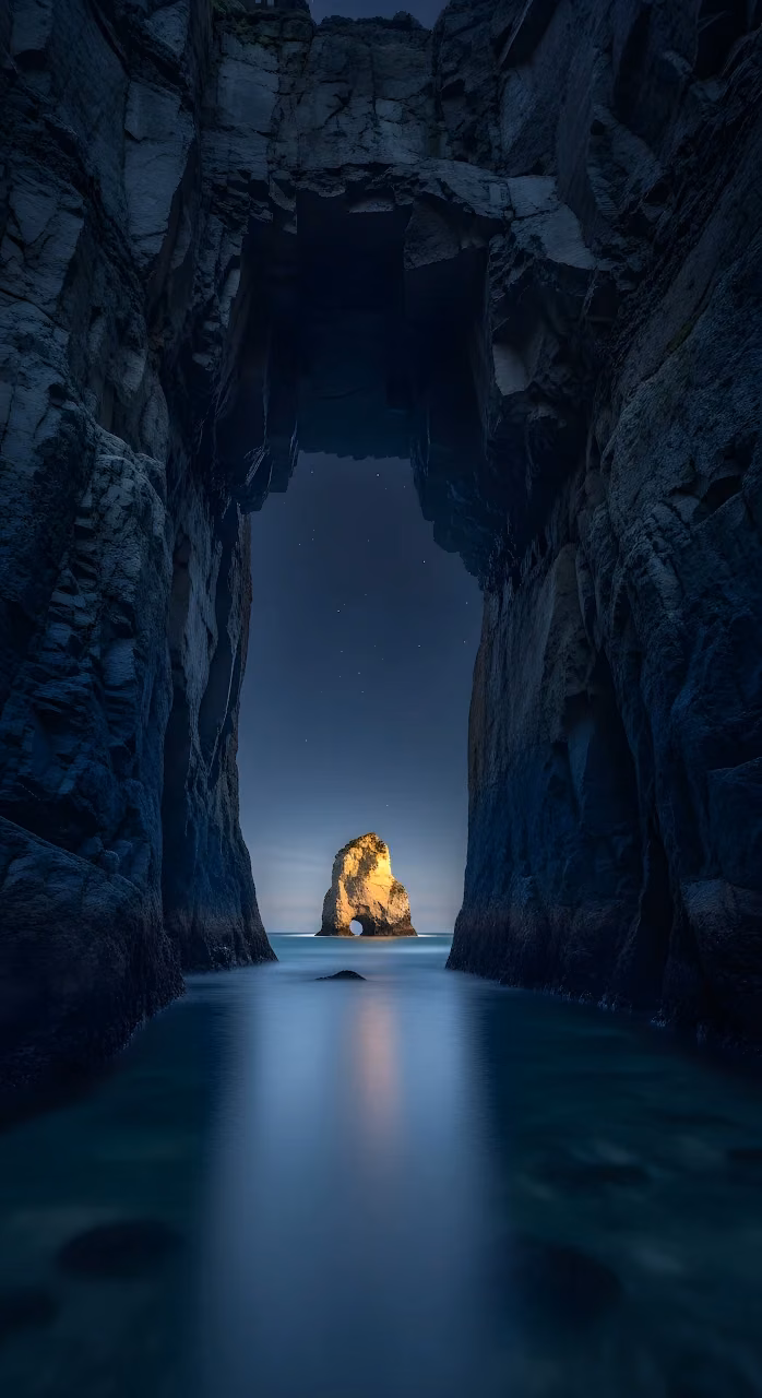 Dramatic Sea Cave View of Illuminated Sea Stack - Free Mobile AMOLED Wallpaper Background