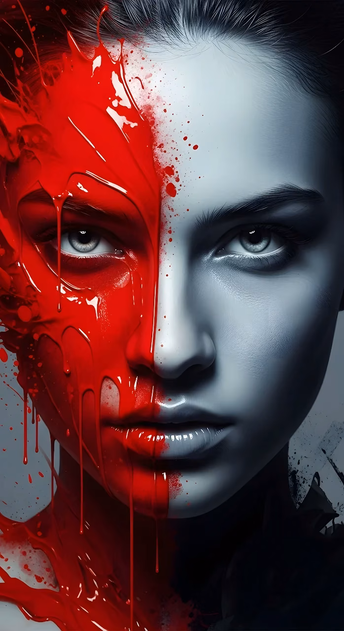 Dramatic Split Face Portrait Red Paint Drip Monochrome - Free Mobile AMOLED Wallpaper Background